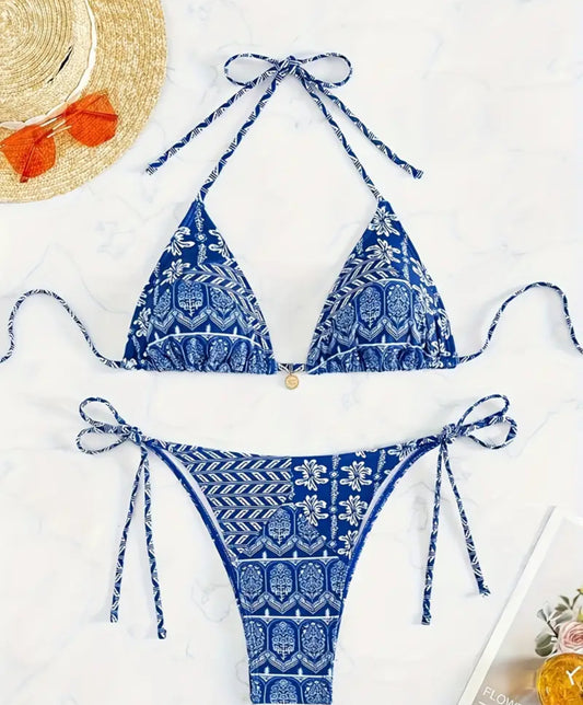 “Strand” blauwe bikini met print